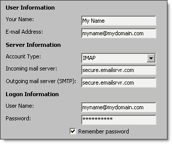 Account information form in Outlook